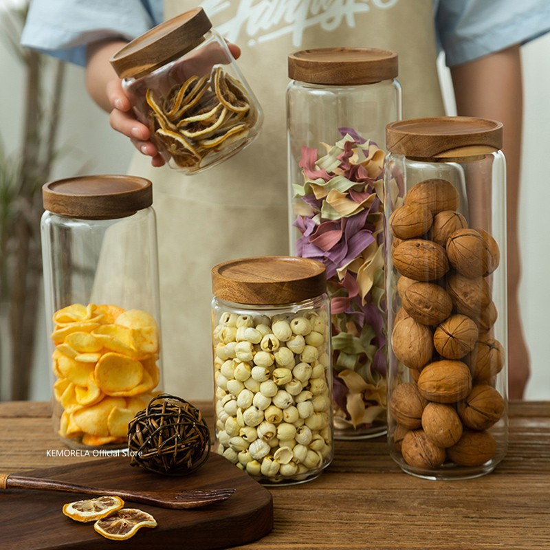 Food Storage Jars With Wooden Lids - Стеклянная герметичная канистра с деревянной крышкой,